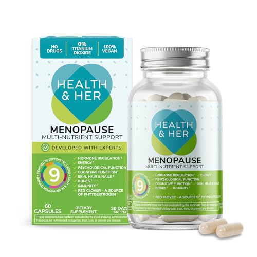 Health & Her Menopause Supplement, Multivitamin for Women, 30 Day Supply | 9-in-1 daily multivitamin for women during Menopause, with Ashwagandha & Red Clover; Vegan, gluten-free; 60 capsules
