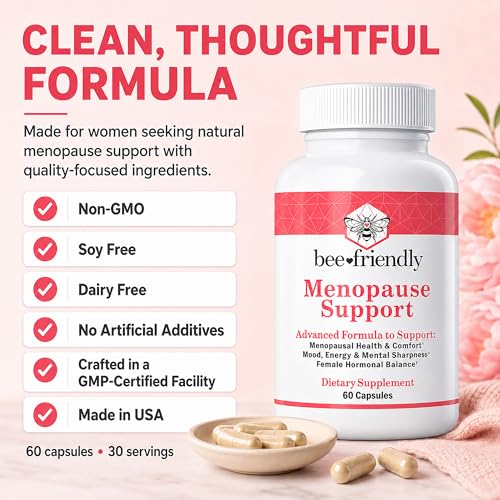 BeeFriendly® Menopause Supplements for Women, 60 Premium Capsules | Relief of Hot Flashes & Night Sweats, DIM, Black Cohosh, Ashwagandha KSM-66, Hormonal Balance Support