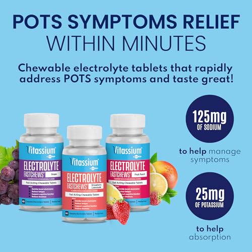Vitassium FastChews, Chewable Electrolyte Tablets for Management of POTS and High Sodium Diets, Fast-Acting Sodium Tablets, Fruit Punch, 60 Count