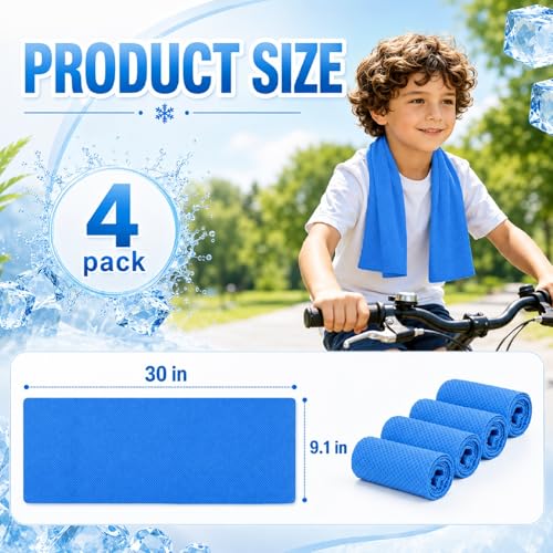 BobbleT Kids PVA Cooling Towels 4 Pack (30"x9") - Mini Instant Ice Cooling Towels for Neck & Face with UPF 50+ Sun Protection, Reusable Summer Heat Relief for Outdoor Activities, Blue