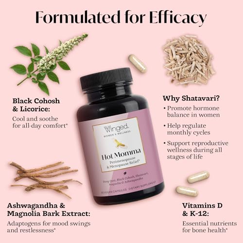 Winged Wellness Hot Momma, Menopause Supplements for Women, 60 Capsules | Hormone-Free Menopause Relief Support for Hot Flashes & Night Sweats - Chaste Tree Berry, Multivitamins & Shatavari - Vegan