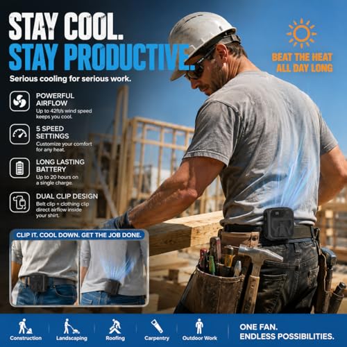 SEAINGO Portable Waist Fan Rechargeable – 10000mAh, 42 ft/s Max, 5 Speeds 16000RPM, Personal Cooling Wearable Clip Body Belt Shirt Fans, Hanging Neck Fan with Light