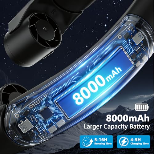 Mavax ChillGo Portable Neck Fan - 8000mAh Personal Wearable Fan, 9000 RPM Direct-flow 4X Powerful 360° Airflow Cooling Fan, Max 16H, 4 Speeds, LED Display, Great Gifts for Men Women - 5th Gen Black