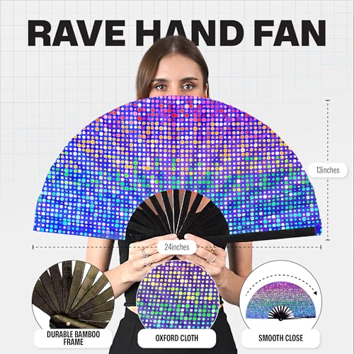 SoJourner Bags Rainbow Lights Rave Fan - Large Folding Clack Fan for Men and Women - Rave Accessories for EDM, Line Dancing, Cosplay, Concerts and More