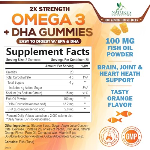 Omega 3 Fish Oil Gummies - Triple Strength Omega 3 Gummy Supplement with High Absorption DHA & EPA - Heart, Joint & Brain Support - Delicious Orange Flavor Fish Oil Nature's Vitamin - 60 Gummies