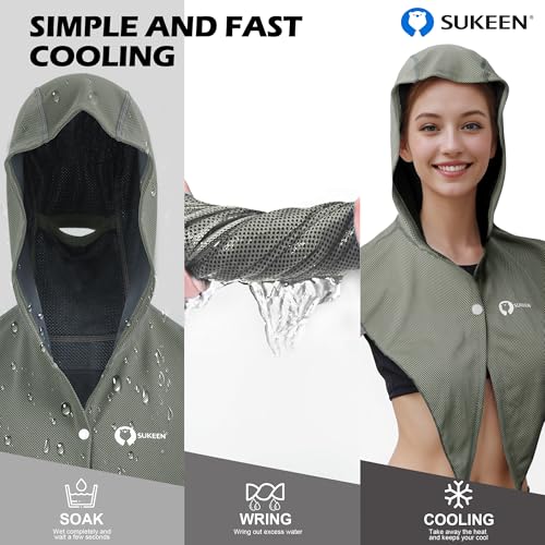 Sukeen Cooling Hoodie Towel, Instant Cooling Towels for Neck and Face, UPF 50 Sun Protection Ponytail Cooling Neck Wraps, Quick Drying Cool Towels for Sports, Gym, Hiking, Camping, Workout, Dark Gray