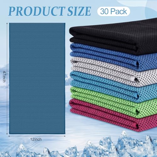 Honoson 30 Pack Cooling Towels for Neck and Face, 27 x 16 Inch Cool Chilly Towels, Microfiber Reusable Sweat Rag with Pouch for School Sport Team, Athlete, Gym, Workout and Outdoor Use (Classic Color)
