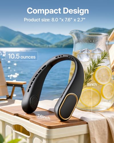 SHEWIND Portable Neck Fan - 5000mAh Rechargeable Hands-Free Wearable Fan | 4 Speeds, Bladeless & LED Display | Personal Cooling Fan for Travel, Outdoors, Camping - Black