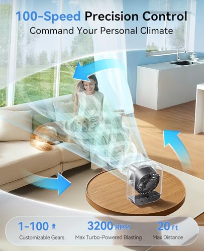 DIGIX Portable Desk Fan for Bedroom, 100 Speeds, 90° Rotation, Rechargeable | Quiet Turbo Table Fan with LED Display. Portable USB Personal Cooling Fan for Office, Home, Travel & Camping