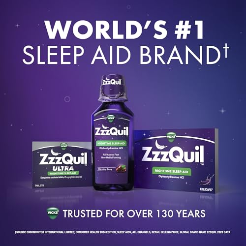 ZzzQuil Liquid Sleep Aid, Diphenhydramine 50mg HCl, Nighttime Sleep Aid Liquid, Sleep Aids for Adults, Warming Berry Flavored, 12 FL OZ