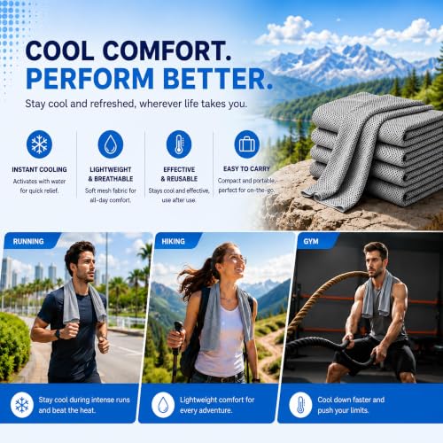 Cooling Towels for Neck and Face, Instant Cooling Towel,4 Pack with Hooks | Instant Cooling Towel, Water Activated, Soft Microfiber, Reusable,4 Pack with Hooks, Great for Golf Gym Running Sports