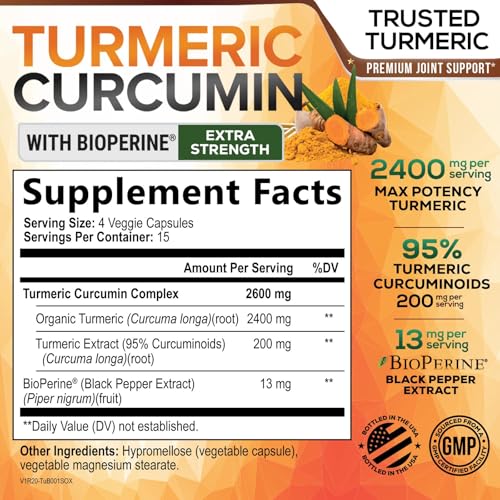 Turmeric Curcumin Supplement - 2400mg Organic Turmeric - 95% Curcuminoids & BioPerine Black Pepper Extract for Best Absorption - Natural Vegan Joint & Immune Support, Bottled in USA - 60 Capsules