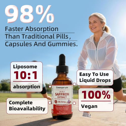 GREENPEOPLE Saffron Supplements for Women, 2 Oz Strawberry Vegan | 88.5 mg Saffron Extract Liquid Drops with Ashwagandha, Lion's Mane & Black Cohosh for Mood, Focus, Cortisol & Menopause