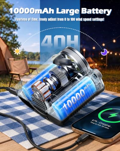 Portable Waist Fan with Clip-On Wearable Belt Design, Black | 10000mAh Rechargeable Battery, 360° Air Tube, 22000 RPM, Flashlight and Desk Stand for Outdoor Work, Golf, Camping and Travel
