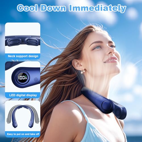 Portable Neck Fan that Blow Cold Air, LED Display, Rechargeable Hands-Free Wearable Cooling Personal Fan, 5 Speed, Neck Support, Bladeless Neck Air Conditioner, Gifts for Women/Men, Hot Flashes