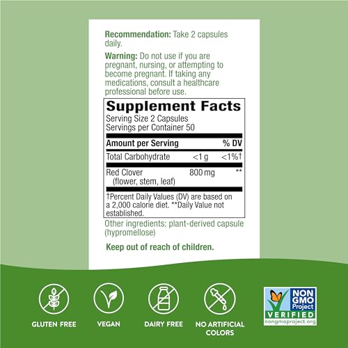Nature's Way Red Clover Blossom Herb, Traditional Health Support for Women*, 800 mg per 2-Capsule Serving, Non-GMO Project Verified, Red Clover Supplement, 100 Vegan Capsules (Pack of 2)