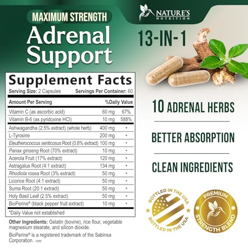 Böbrek Üstü Bezi Destek Takviyesi - Enerji, Yorgunluk, Sakinlik, Rahatlama ve Bağışıklık Desteği için Gelişmiş Korteks Kompleksi - Doğal Ashwagandha, Rhodiola ve Kutsal Fesleğen, ABD'de Şişelenmiştir - 120 Kapsül