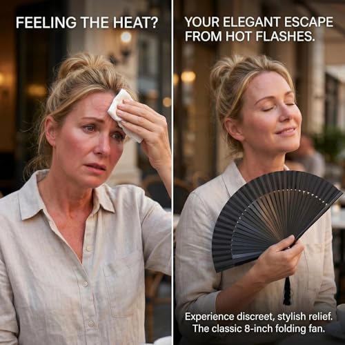 OMyTea Folding Hand Fan for Women - Foldable Chinese Japanese Vintage Bamboo Silk Fan - for Hot Flash, Church, Decoration, EDM, Music Festival, Dance, Party, Performance, Gift (Solid Sexy Black)