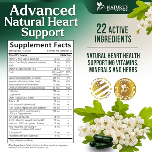 Heart Health Supplement – Complete 22-Ingredient Heart Support & Energy Formula - with Magnesium, CoQ10, L-Arginine, L-Citrulline, Hawthorn & Resveratrol - Bottled in USA for Women & Men – 60 Capsules