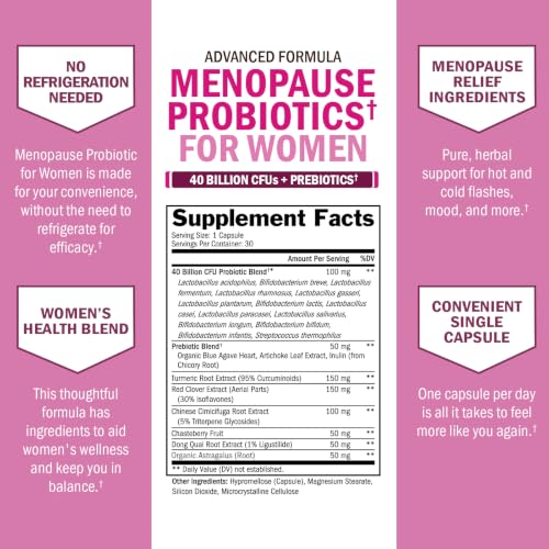 Menopause Supplements for Women - 40B CFU Menopause Probiotics for Women | Support for Hot Flashes Night Sweats Mood Swings and Balance - Non-GMO, 60 Easy-Swallow Capsules, 30 Servings