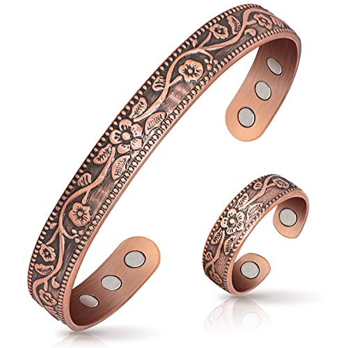 Mahnco Copper Bracelet for Women Pure Copper Magnetic Bracelet Jewelry Gift | 100% Pure Copper Cuff Bangle & Lymph Detox Ring with 3500 Gauss Magnets, Adjustable, Vintage Flower