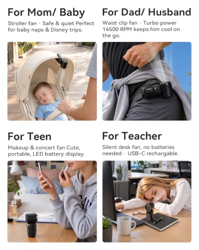 Mini Clip on Fan Handheld, 3000mAh Rechargeable Portable Fan with LED Display, 3-in-1 Personal Cooling Fan, 4 Speeds Quiet USB C Fan for Stroller Desk Travel Camping Office for Women Men Kids, Black
