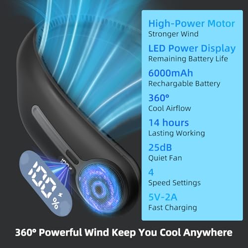 Portable Neck Fan, Personal Wearable Bladeless Fan, 6000mAh USB Rechargeable, 360° Airflow, LED Display, 4-Speeds, Hands Free Fan for Outdoor Indoor, Birthday Gifts for Men Women Dad Mom (Black)