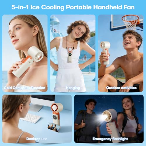 6000mAh Portable Handheld Fan with Ice Cooling, 199 Levels Stepless Speed, 20H Long Battery Life, 20000RPM Turbo Fan Rechargeable Personal Mini Fan for Travel, Outdoor, Makeup