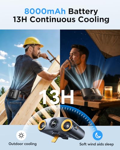 Portable Waist Fan, 16000RPM 3-Head Belt Clip Fan with 8000mAh Battery, 100 Speeds, 10m/s Strong Wind, Flashlight, Rechargeable Under Shirt Fan for Outdoor Jobsite Camping Travel Black