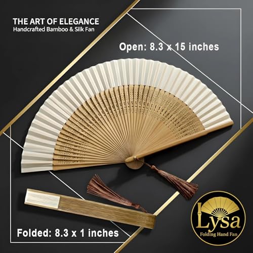 Lysa Hand Fan for Women Foldable - Portable Folding Japanese Chinese Fan - for Hot Flashes, Summer Cooling, Festivals, Church, Dancing (Bamboo White)