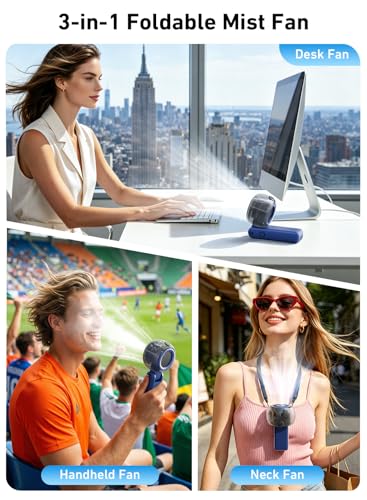 Portable Handheld Misting Fan, 4000mAh Rechargeable 3-in-1 Foldable Cooling Turbo Fan, 1-100 Stepless Speed with Water Spray & LED Display, Desk & Neck Personal Fan for Travel Beach Outdoor (Blue)