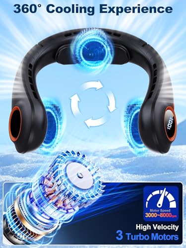 3 Motors Neck Fan, Neck Fans That Blow Cold Air, 360° Cooling, LED Display, 5 Speeds Powerful Wind, 5000mAh Rechargeable Battery, Hands-Free Wearable Personal Neck Cooler, Gift for Kid Men Women
