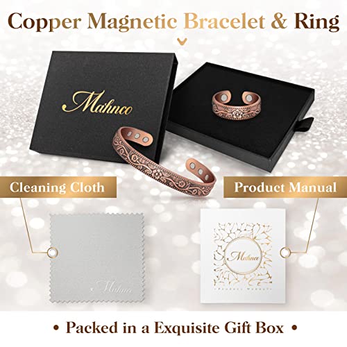 Mahnco Copper Bracelet for Women Pure Copper Magnetic Bracelet Jewelry Gift | 100% Pure Copper Cuff Bangle & Lymph Detox Ring with 3500 Gauss Magnets, Adjustable, Vintage Flower