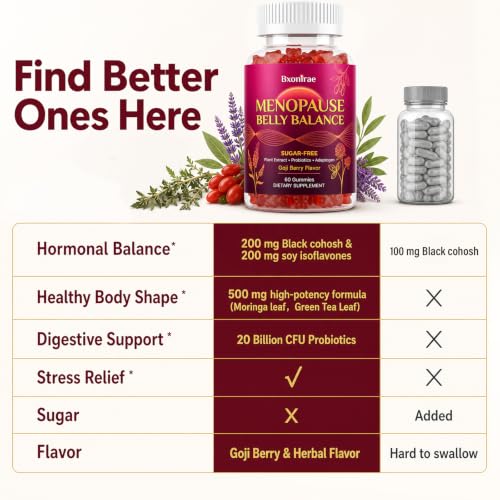 Menopause Supplements for Women,Hot Flashes Menopause Relief | Menopause Gummies with Black Cohosh for Menopause Support , Belly Balance & Hormone Harmony| 0 Sugar,60 Days Supply