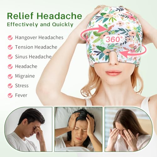 ZNÖCUETÖD Migraine Headache Relief Cap Hat Full Head ice Pack Wrap Cold Cap | Gel Cooling Ice Beanie Hot/Cold Compress Therapy for Sinus, Stress, Tension, Head Pain Relief, Gift for Women