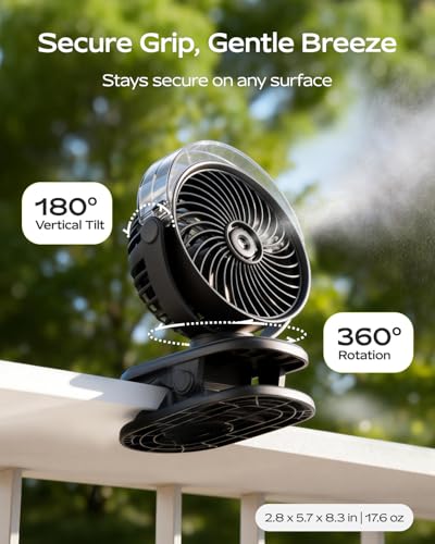 SWEETFULL Portable Misting Clip On Fan, USB-C Rechargeable Mini Personal Cooling Fan with 4 Speeds, 360° Rotatable, Quiet Cooling for Outdoor, Camping, Golf Cart, Travel, Stroller & Desk (Black)