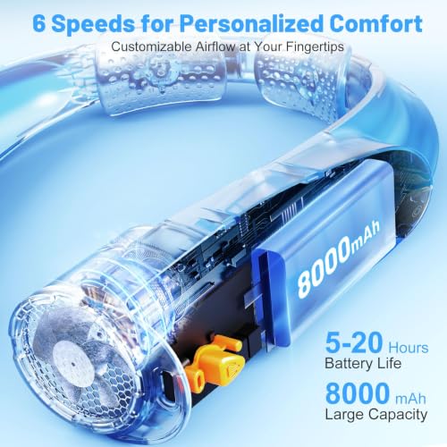 Portable Neck Fan with 6 Powerful Speeds, 8000mAh Battery Rechargeable Fan | 20H Runtime, Hands-Free 360° Cooling Personal Wearable Neck Fan, Gift for Women Men Travel Concerts