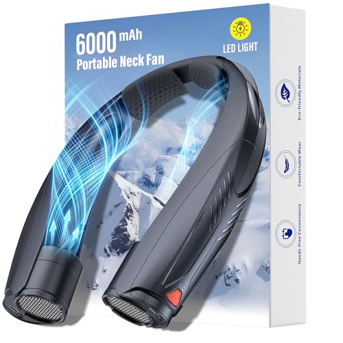 Portable Neck Fan with Reading Light, 6000mAh USB-C Rechargeable Hands Free Fan, 6-Speed Wearable Fan, 360° Cooling Summer Gifts for Men Women, Travel, Camping, Outdoor Work - Black