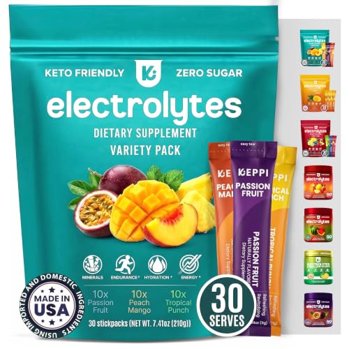 Keppi Electrolytes Powder Packets Tropical Variety 30 Servings – Zero Sugar Hydration Supplement with Potassium, Magnesium, Sodium – Keto, Vegan, Fasting-Friendly, Zero Calorie, Sugar Free