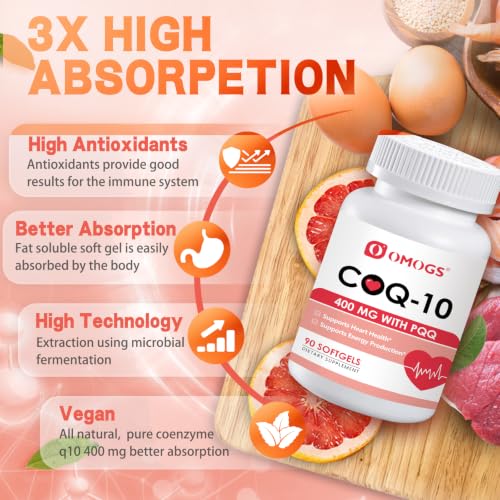 OMOGS CoQ10 400mg Softgels, Coenzyme Q10 High Absorption Supplements Support Heart Health, Cardiovascular Health, Immune System & Cellular Energy Production, Gluten Free, 90 Softgels