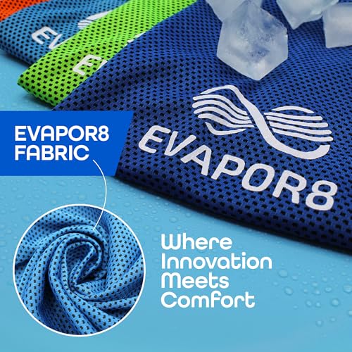 Evapor8 Cooling Towels with 2 Silicone Cases, 4 Pack, UPF 50 | Neck and face towel, snap-activated fabric for extreme heat, gym workouts, running, hiking, travel and beach days, 40” x 12”