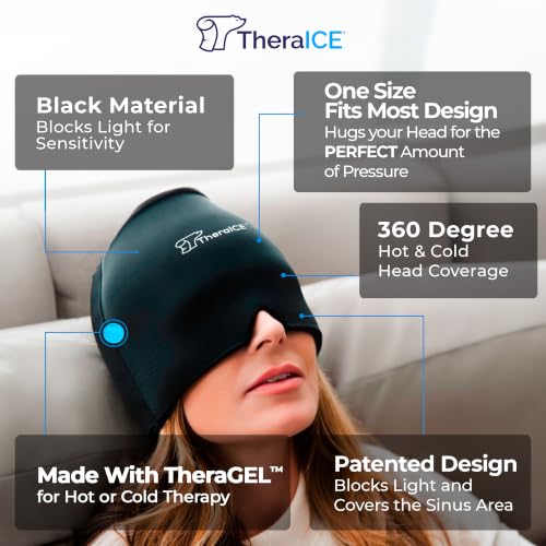 TheraICE Migraine Relief Cap, Headache Hat Ice Pack Mask, Cooling Head Wrap | Soothing Cold Compress Gel for Sinus Tension, Stress, Hangover and Puffy Eyes, a Great Birthday Gift for Mom or Her