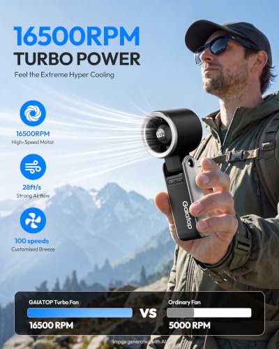 Gaiatop Portable Handheld Turbo Fan, 15 Hrs Cooling, 180° Foldable 4-in-1 Hand Held Fans, 6-Speed (1-100) Personal Mini Handheld Fans, Small Portable Fan for Travel, Working, Outdoor Women Gifts Black