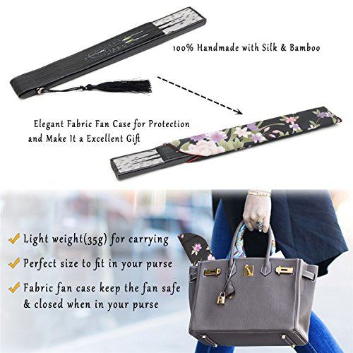 OMyTea Hand Fan Foldable for Women, Japanese Chinese Folding Fan, Black Cat