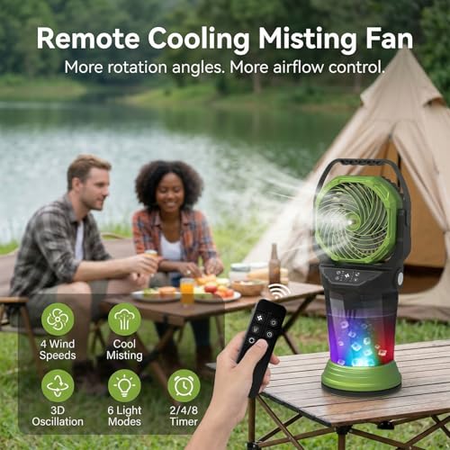 Portable Misting Fan with Remote, 2L Water Tank & 2 Spray Modes, 30000mAh Rechargeable Outdoor Cooling Fan, 4 Wind Speeds, 3 Timers, 120° Oscillation, RGB Lights & Flashlight for Camping Beach Patio