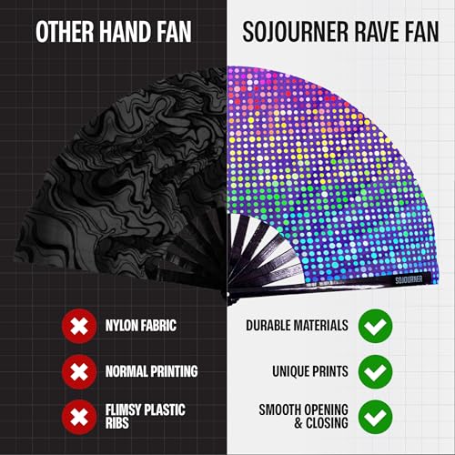 SoJourner Bags Rainbow Lights Rave Fan - Large Folding Clack Fan for Men and Women - Rave Accessories for EDM, Line Dancing, Cosplay, Concerts and More