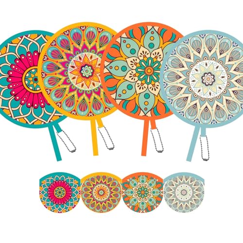 4 Pack Assorted Mandala Pattern Hand Fan Foldable, Multi-Role Round Handheld Fans for Travel, Events, Indoor & Outdoor (Mandala)