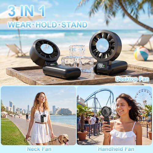 Handheld Portable Fan Ice Cooling 3-in-1 Hand, Desk & Neck Fan | 5-Speed, Independent Switch, Digital Display, Up to 12H Runtime, Foldable Personal Fan for Travel/Concerts/Sport Events/Gifts