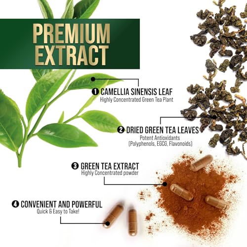 Green Tea Extract 1000mg - Premium Green Tea Extract Pills with 45% EGCG, 98% Polyphenols for Natural Energy - Nature's Antioxidant Herbal Heart Support Supplement, Bottled in USA - 60 Capsules