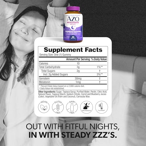 AZO Menopause Relief Daytime & Nighttime Gummy Bundle 120 Count | Estrogen-Free Formula, Clinically Studied Genistein Includes Melatonin for Sleep*, Perimenopause Support, Blackcurrant Flavor